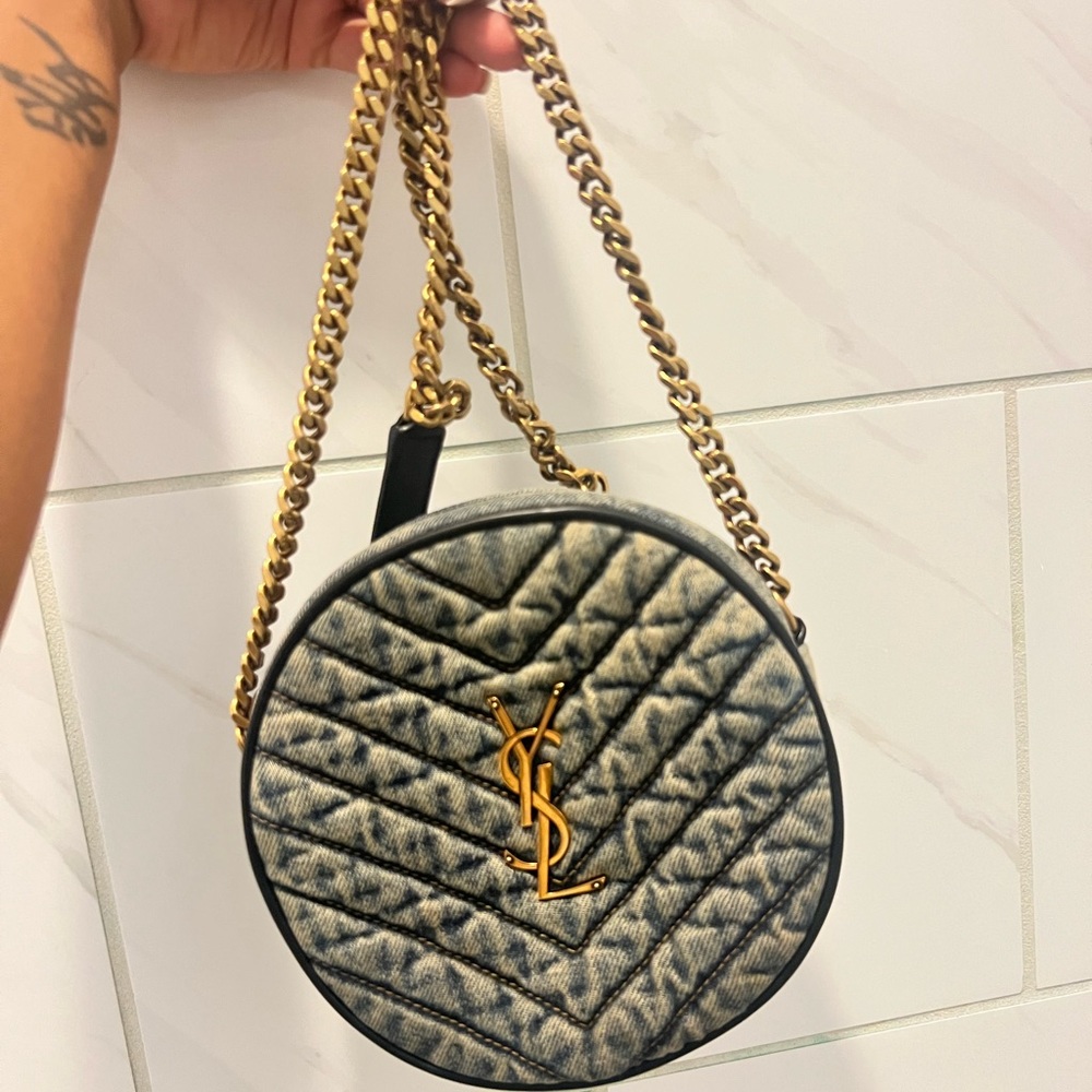 Saint Laurent Denim Quilted Monogram Round Crossbody Bag Rodeo Blue